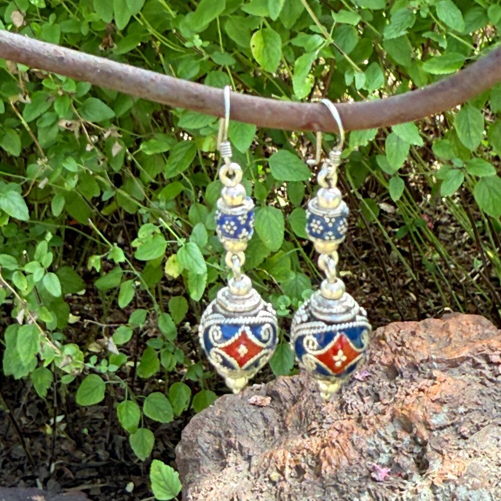 Vintage Sterling Cloisonne dangle Earrings - Picture 5 of 12